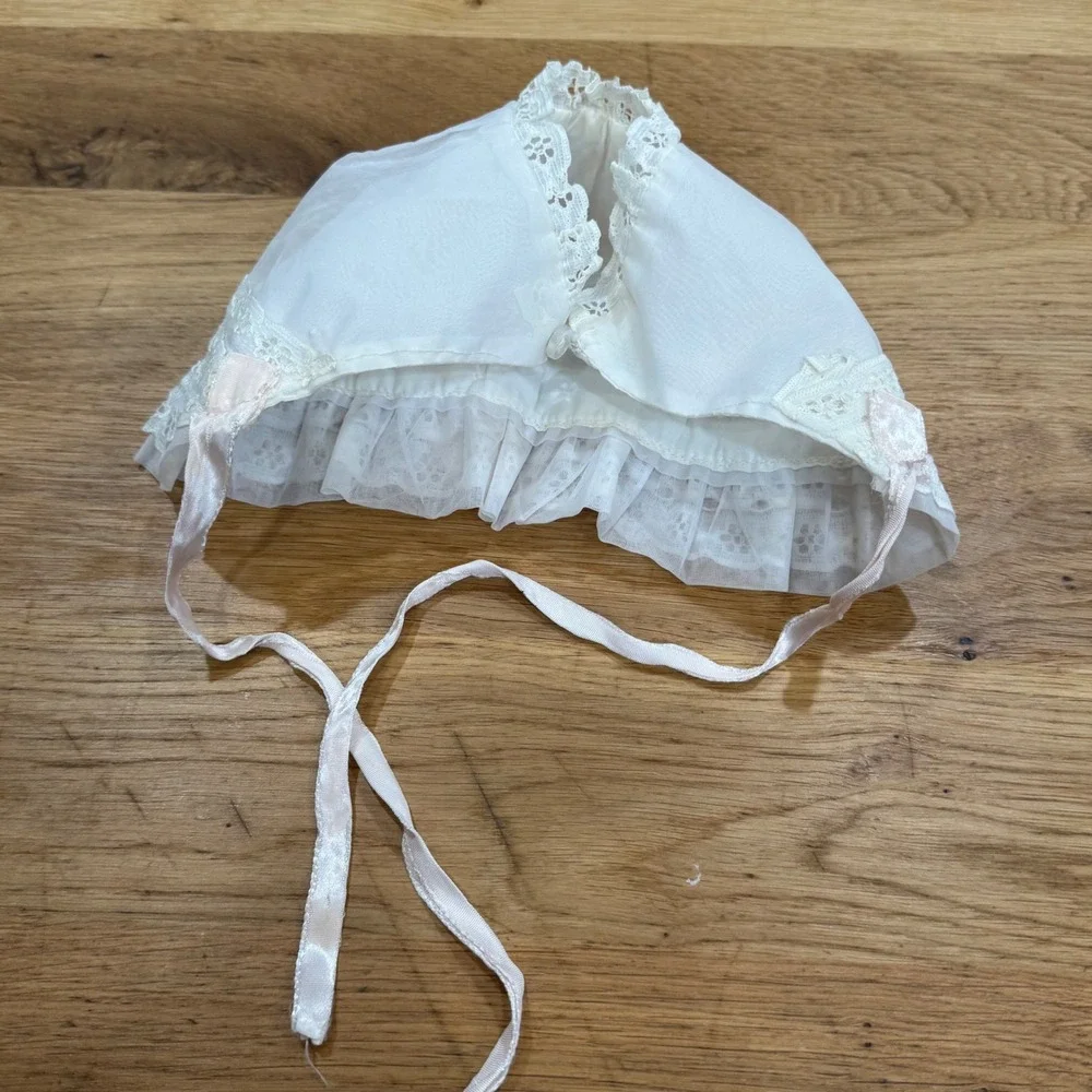 Vintage Baby Bonnet White Sheer Lace Pink Ribbon Christening Baptism Hat
